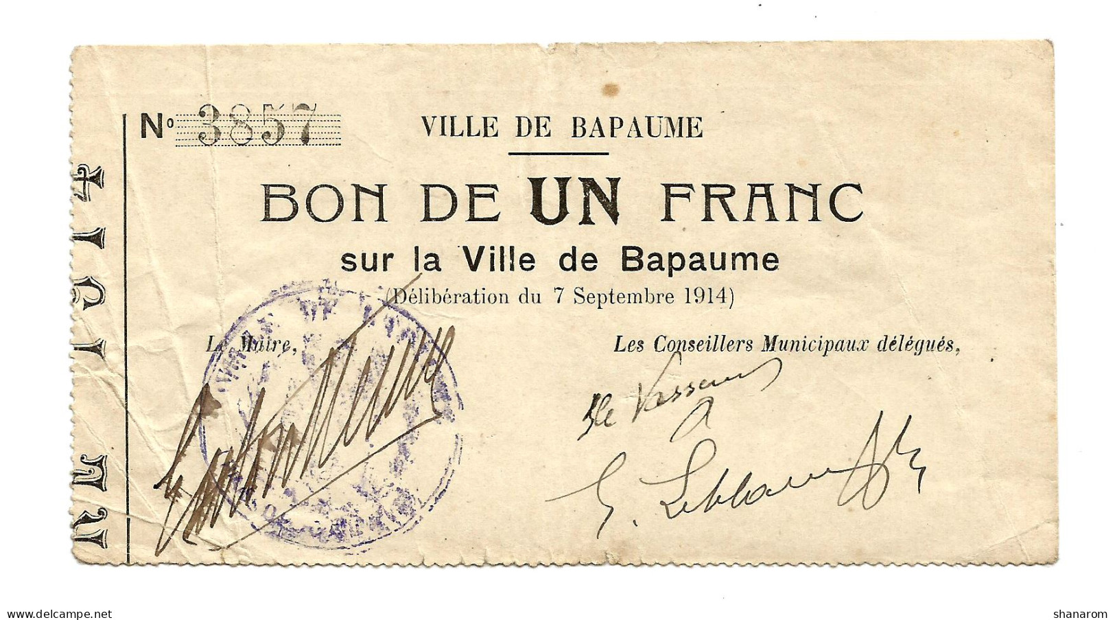 1914-1918 // Ville De BAPAUME (Pas De Calais 62) // Bon De Un Franc - Bonds & Basic Needs