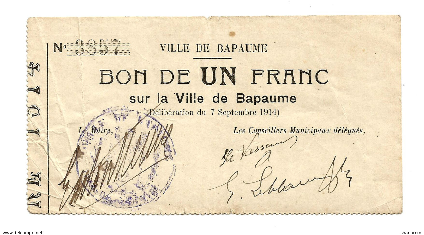 1914-1918 // Ville De BAPAUME (Pas De Calais 62) // Bon De Un Franc - Bons & Nécessité