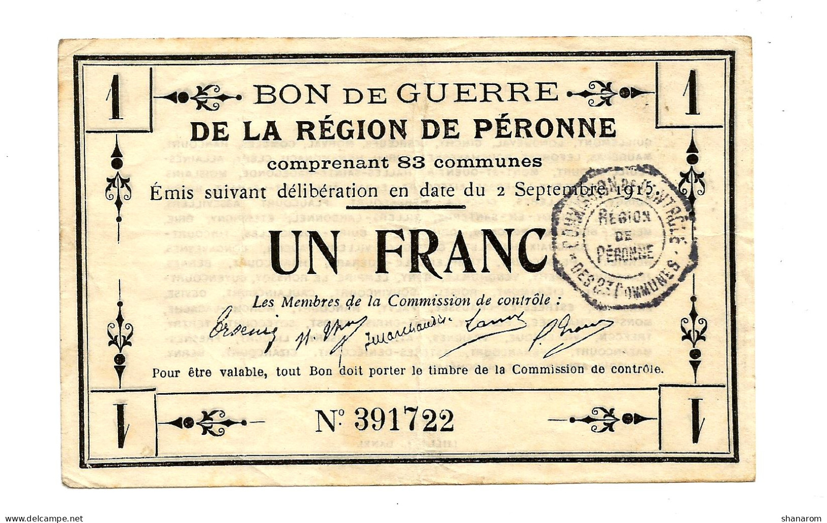 1914-1918 // PERONNE (Somme 80) // Bon De Un Franc - Bonds & Basic Needs