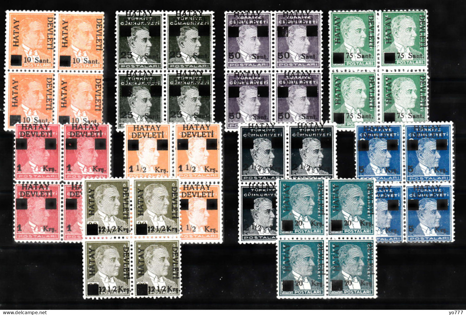 (H-01/10) 1939 BLACK "" HATAY DEVLETI "" OVERPRINTED POSTAGE STAMPS ON TURKISH REPUBLIC POSTAGE STAMPS MNH** BL OF 4 - 1934-39 Sandjak D'Alexandrette & Hatay