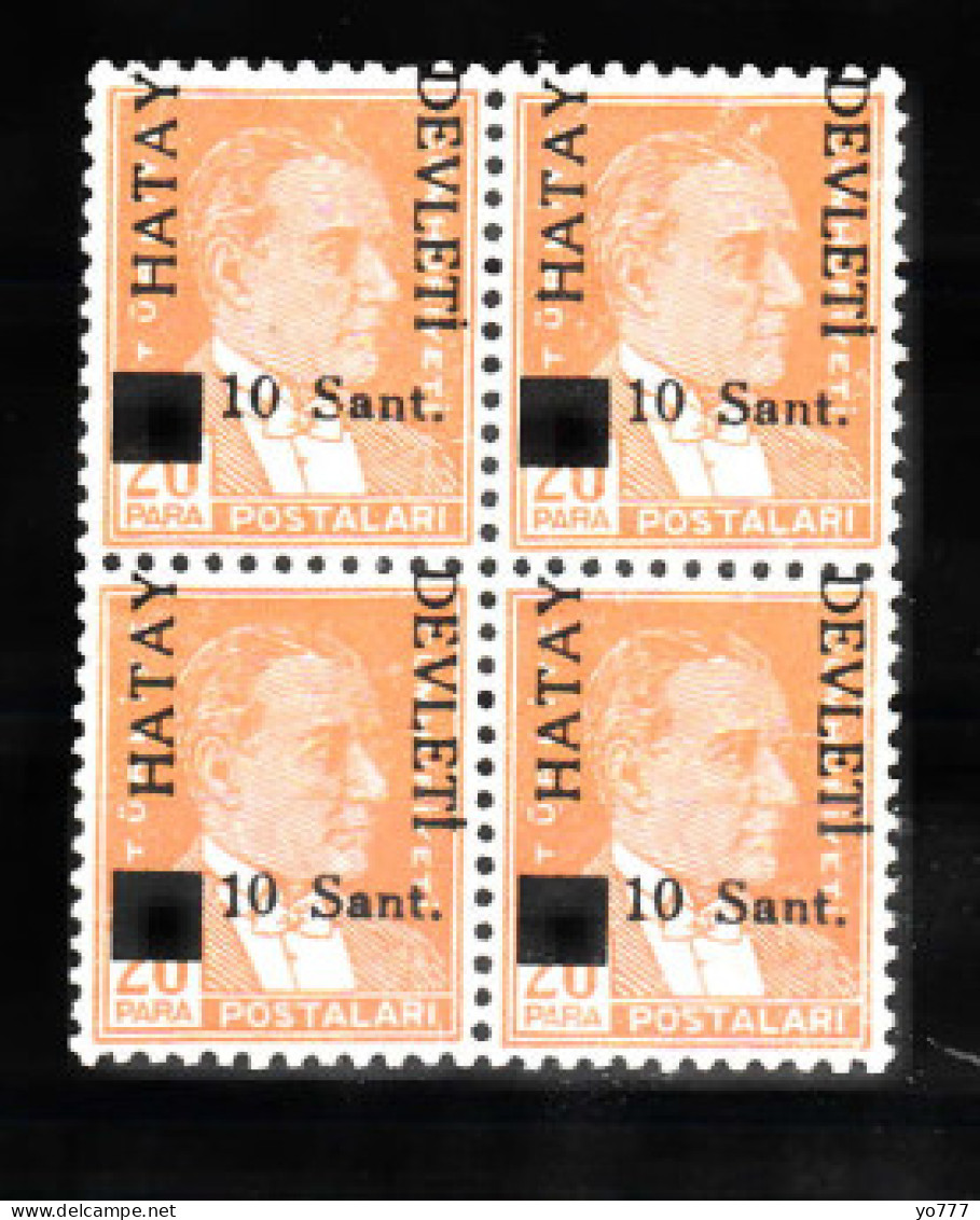 (H-01) 1939 BLACK "" HATAY DEVLETI "" OVERPRINTED POSTAGE STAMPS ON TURKISH REPUBLIC POSTAGE STAMPS BL OF 4 MNH** ERROR - 1934-39 Sandjak D'Alexandrette & Hatay