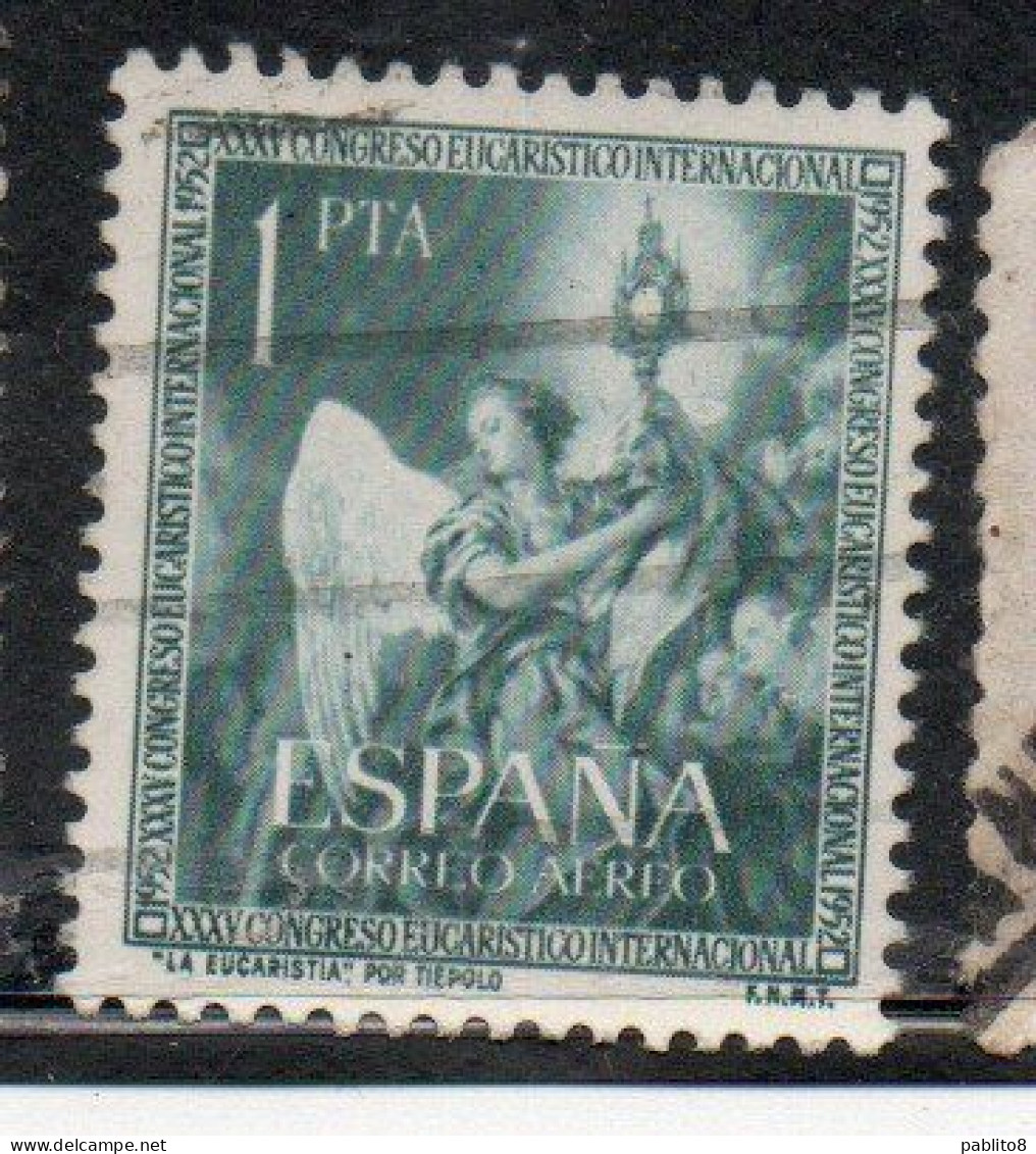 SPAIN ESPAÑA SPAGNA 1952 AIR POST MAIL INTERNATIONAL EUCHARISTIC CONGREE EUCARISTICO 1p USED USATO OBLITERE' - Used Stamps