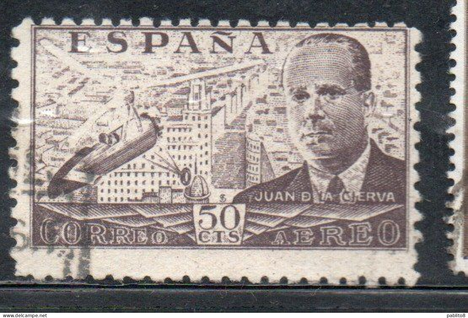 SPAIN ESPAÑA SPAGNA 1939 AIR POST MAIL CORREO AEREO AIRMAIL JUAN DE LA CIERVA 50c USED USATO OBLITERE' - Oblitérés