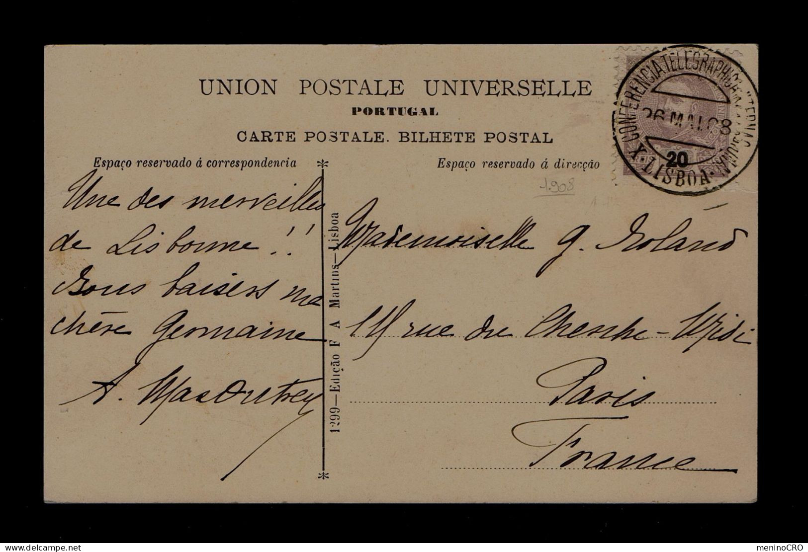 Gc8145 PORTUGAL X Conference Telegraphie Electric Intern. (dos Primeiros 3 Commemorative Pmk) 1908 Postcard Mailed Paris - Maschinenstempel (Werbestempel)