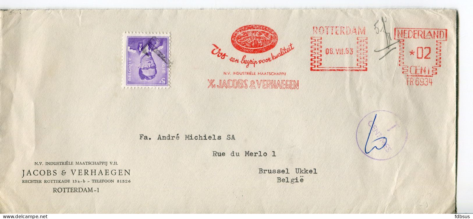 1963 Enveloppe Jacobs & Verhaegen Rotterdam - Mooie Rode Frankeerstempel 02 Ct Naar Ukkel - TAX Zegel 5Fr Marchand - Máquinas Franqueo (EMA)