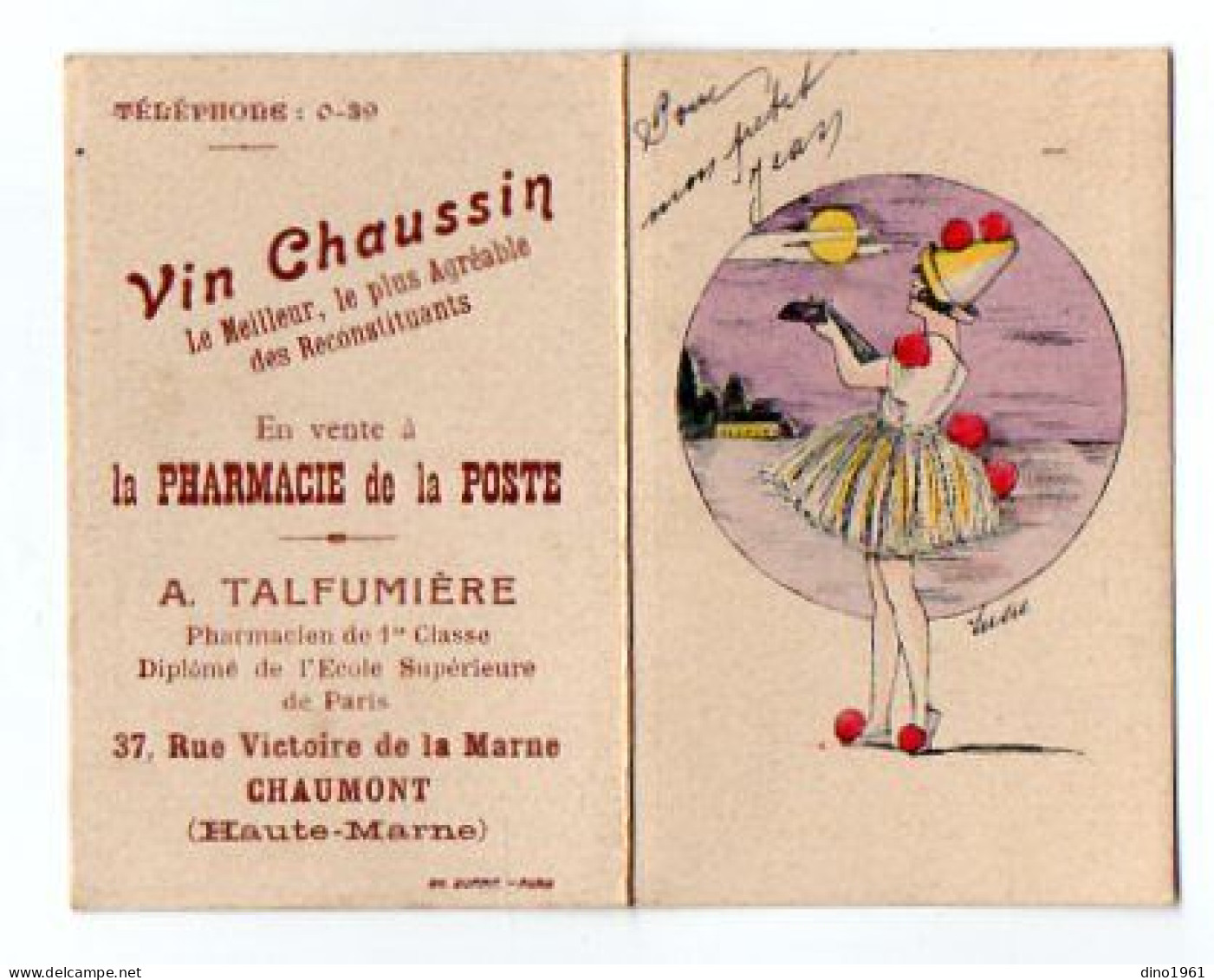 VP22.496 - 1923 - Petit Calendrier - Vin CHAUSSIN / Pharmacie De La Poste ¨ A. TALFUMIERE ¨ à CHAUMONT ( Haute - Marne ) - Petit Format : 1921-40