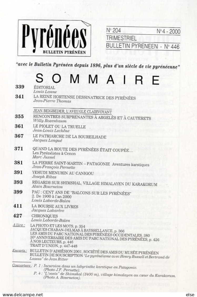 PYRENEES  N° 204   N° 4  2000  -   RENCONTRES A ARGELES ET CAUTERETSPATAGONIE   -  LES PYRENEES  PAGE 339 A 448 - Midi-Pyrénées