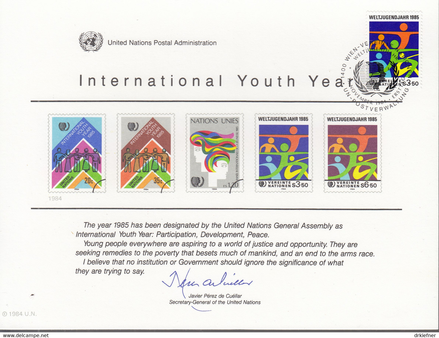 UNO NEW YORK, Erinnerungskarte Nr 26, W-FDC, Int. Jahr Der Jugend 1984 - Lettres & Documents