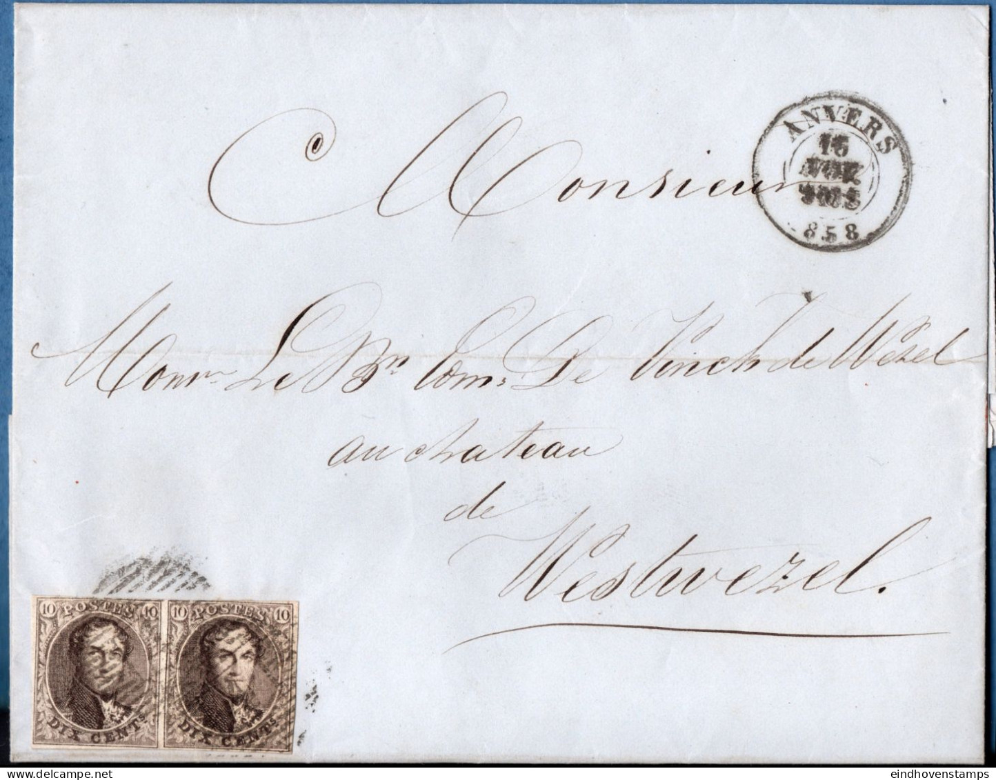 Belgium 1858, Nov 16, 10 C Pair On Full Letter From Anvers - Antwerpen - To Brussels 2311.1805 - 1849-1865 Medallions (Other)