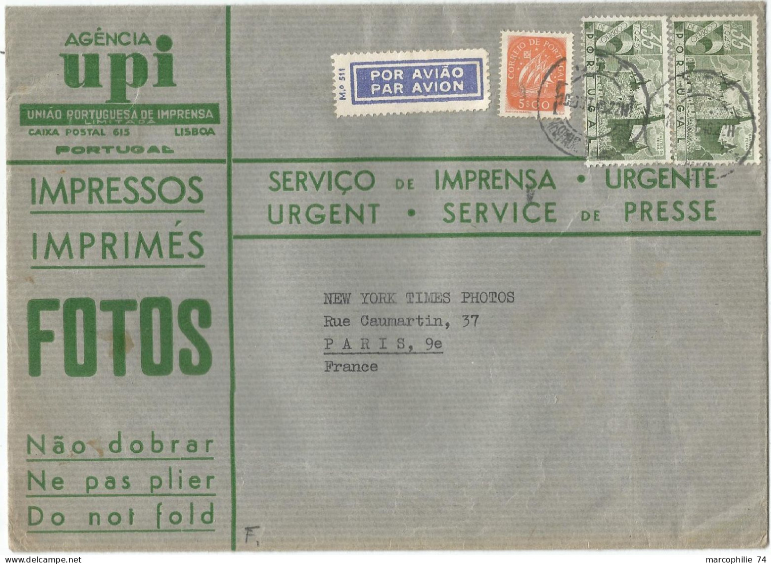 PORTUGAL 35$X2+5$00 LARGE COVER GRANDE LETTRE AVION LISBOA 1946 TO FRANCE TARIF IMPRIME - Storia Postale