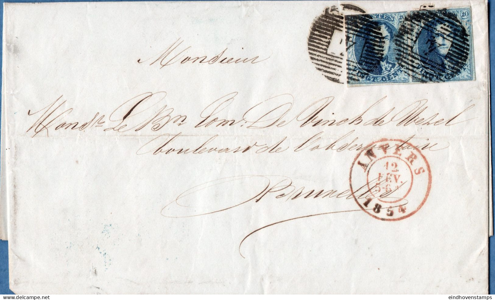 Belgium 1854, Fevr 12, 20 C Pair On Full Letter From Anvers - Antwerpen - To Brussels 2311.1806 - 1849-1865 Medaillons (Varia)