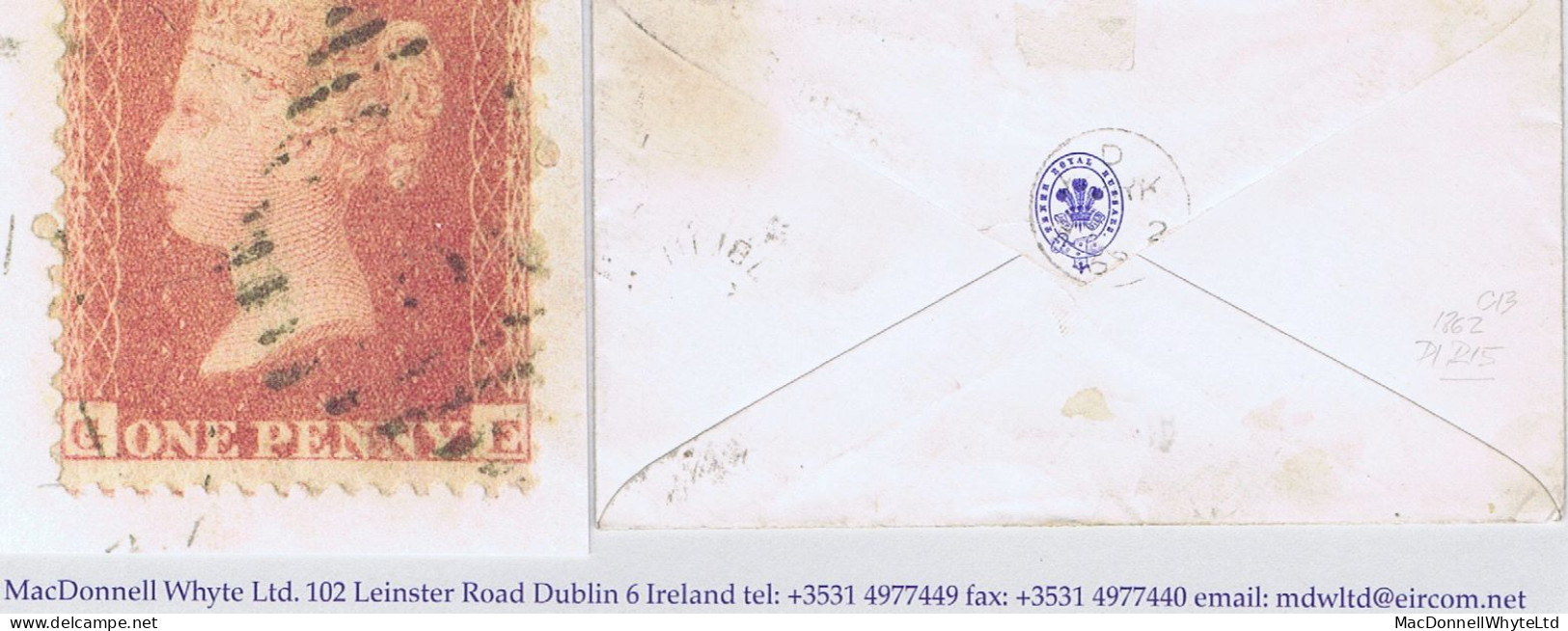 Ireland GB Used In 1862 LC14 1d Red Reserve Plate R15 GE Tied DUBLIN/186 To Cover To York - Préphilatélie