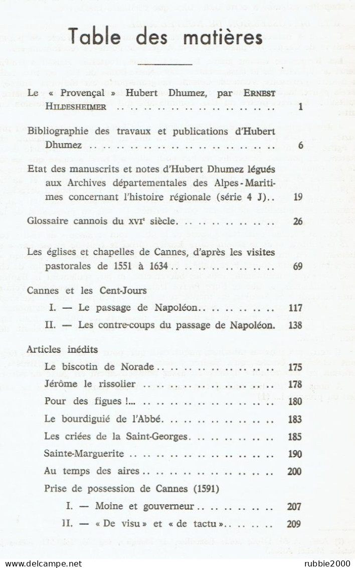 CANNES MELANGES INEDITS RELATIFS AU PASSE DU PAYS CANNOIS 1961 HUBERT DHUMEZ LE PROVENCAL NAPOLEON EGLISES CHAPELLES - Côte D'Azur