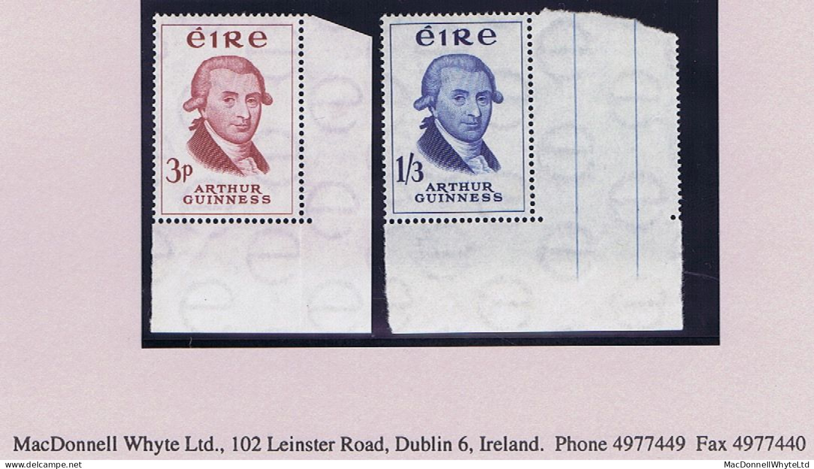 Ireland 1959 Arthur Guinness 3d And 1/3d, Set Of Two, Lower Right Corner Marginal Mint, Stamps Unmounted - Unused Stamps