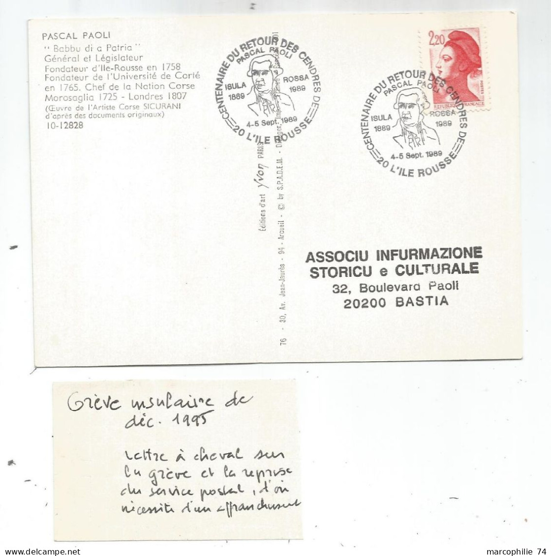 GREVE INSULAIRE DE 1989 ILE ROUSSE CORSE SUR CARTE - Stamps