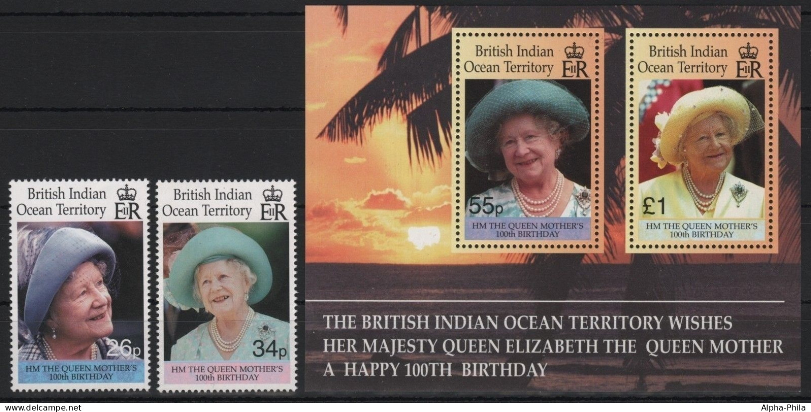 BIOT 2000 - Mi-Nr. 251-252 & Block 14 ** - MNH - 100. Geburtstag Queen Mum - Britisches Territorium Im Indischen Ozean