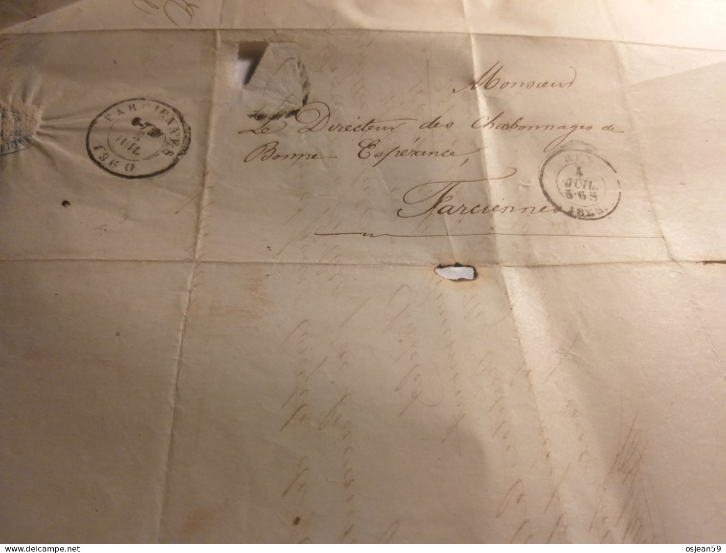 Enveloppe Lettre 1860 Envoyé Au Directeur Des Charbonnages De Bonne Espérance. - Manuscrits