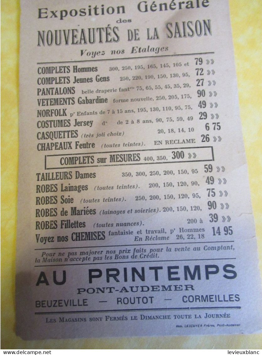 Buvard Ancien /Vêtement/Au PRINTEMPS Pont-Audemer, Beuzeville, Routot, Cormeilles/Nouveautés/ Vers 1920-1940     BUV704 - Kleding & Textiel