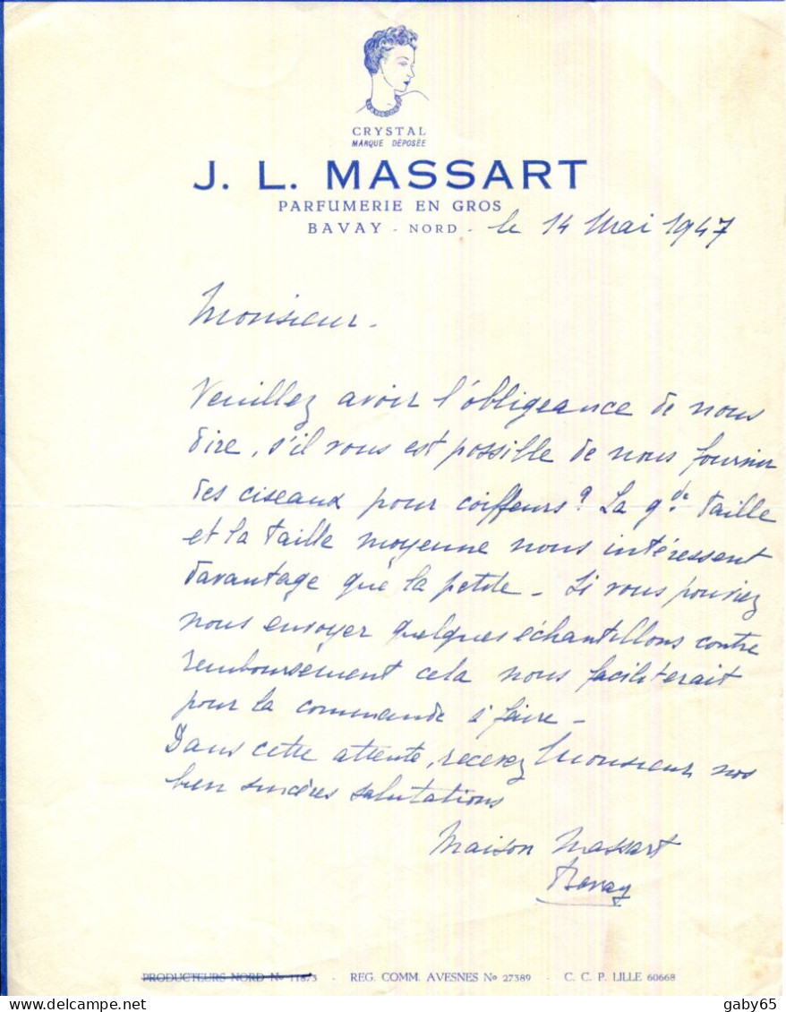 FACTURE.59.NORD.BAVAY.PARFUMERIE EN GROS " CRYSTAL " MARQUE DEPOSÉE.J.L.MASSART. - Chemist's (drugstore) & Perfumery