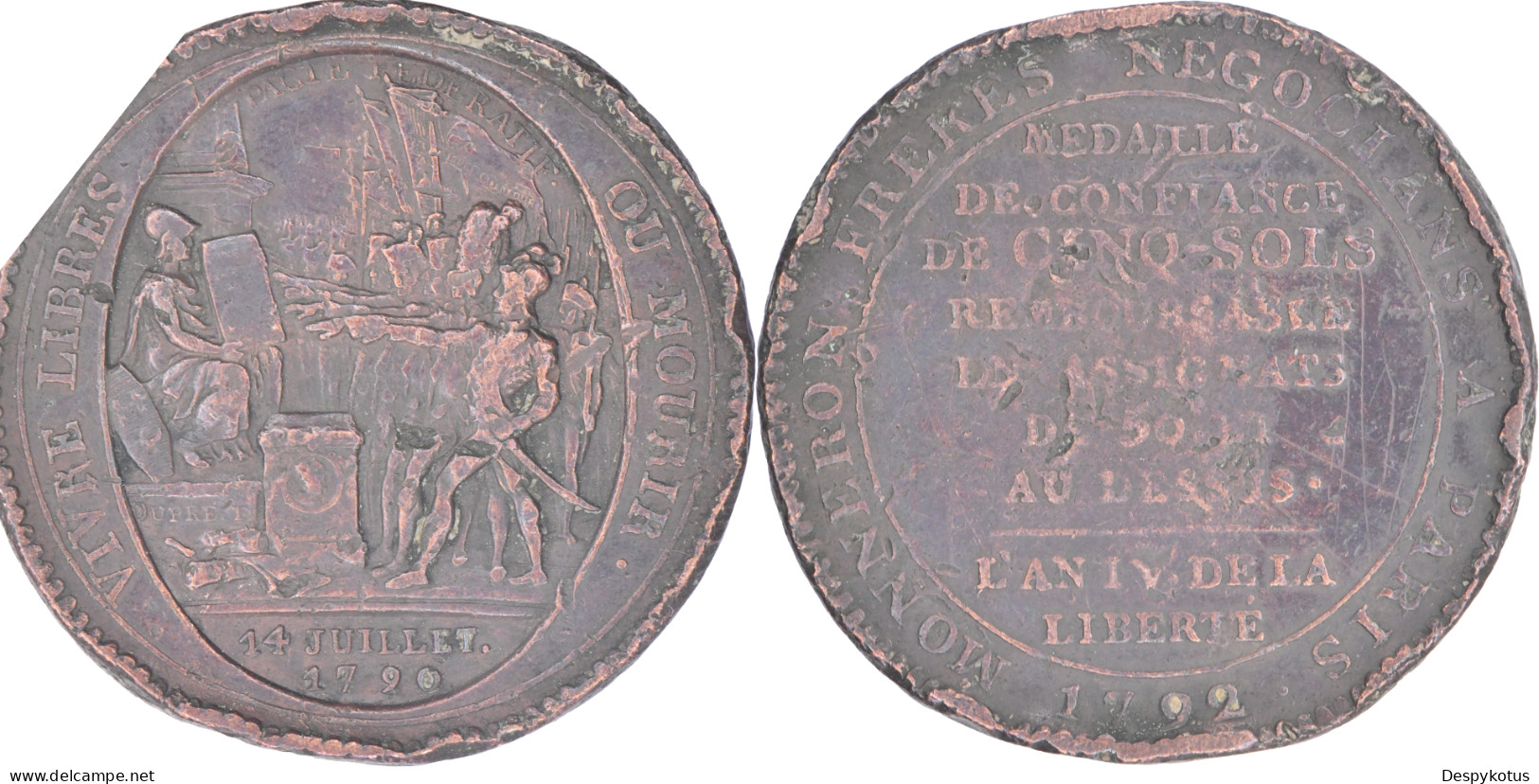 France - MONNERON - 1792 - CINQ SOLS - 16-209 - 1792-1804 1ère République (An I – An XII)