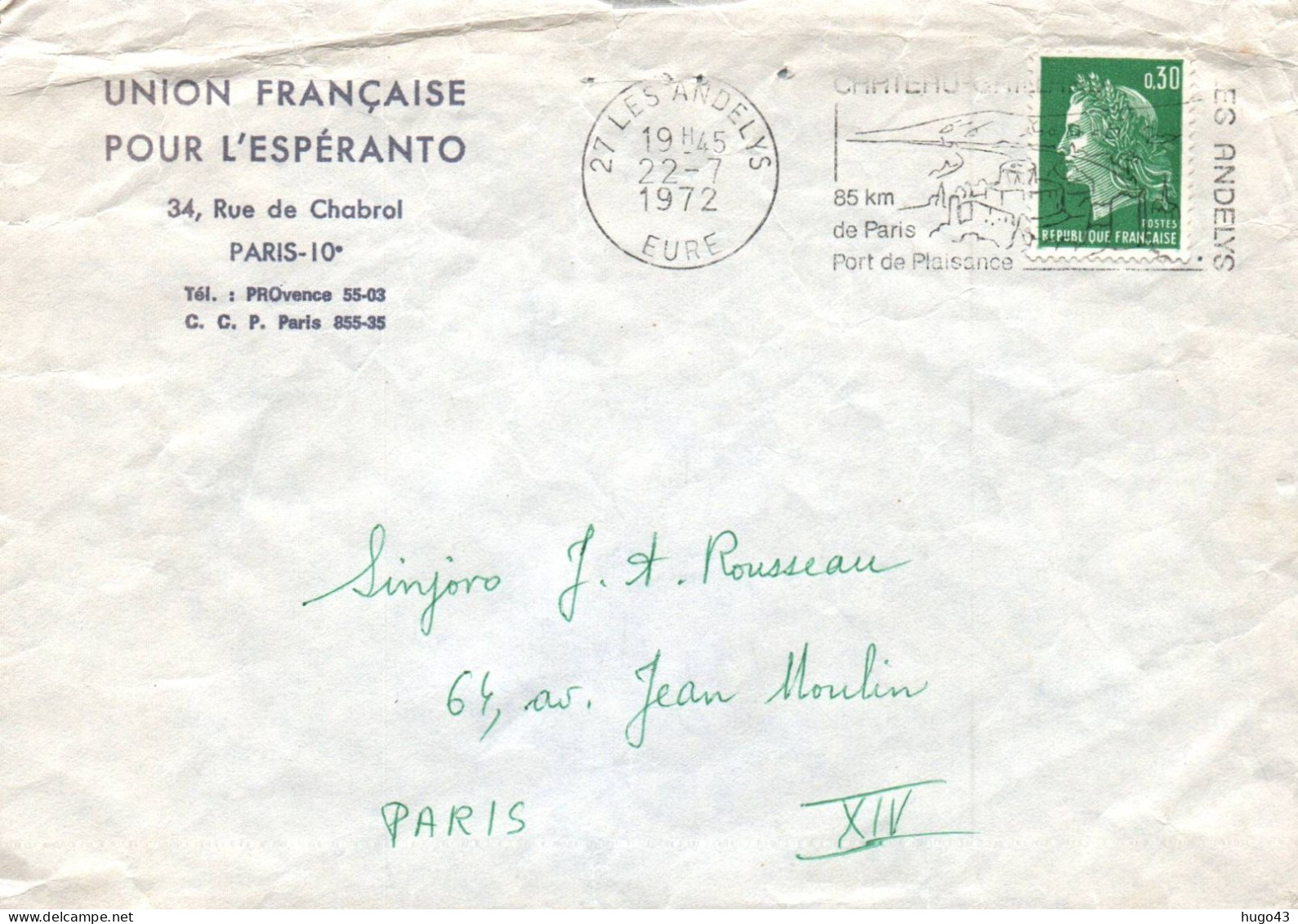 ENVELOPPE AVEC CACHET UNION FRANCAISE POUR L' ESPERANTO LE 22/07/1972 - PARIS - DOC - Esperanto