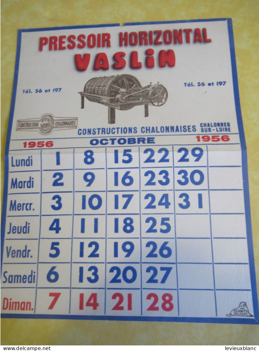 Buvard Calendrier Ancien/ Matériel Agricole/Pressoir Horizontal VASLIN/Chalonnes/ Octobre 1956     BUV703 - Landbouw