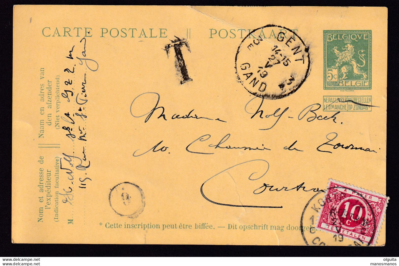 DDBB 337 - Entier Pellens (Hors Cours) GENT 1919 Vers COURTRAI - Taxé Timbre-Taxe 10 C Griffe KORTRIJK - Cartes Postales 1909-1934