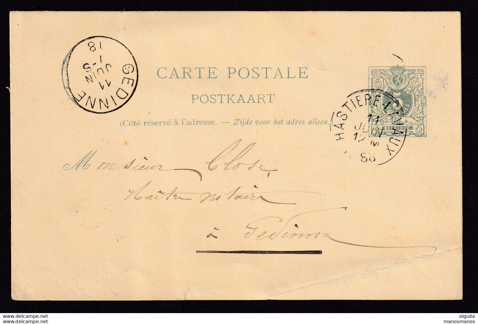 DDBB 501 - Collection HASTIERE-LAVAUX -- Entier Postal Lion Couché 1888 à GEDINNE - Origine Manuscrite HERMETON S/MEUSE - Postcards 1871-1909