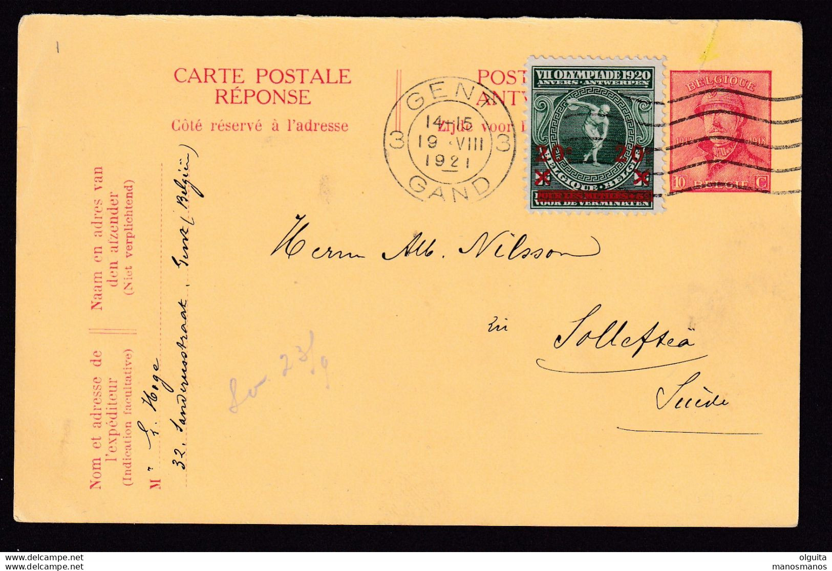 DDBB 310 - Entier Postal Casqué + TP Jeux Olympiques GENT 1921 Vers Suède - Emploi En Service International - Ete 1920: Anvers