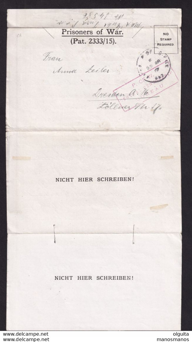 257/31 - EGYPT FOREIGN INTEREST - German Prisoner Of War Cover TURA Egypt 1919 To Dresden - Red POW Bureau Censor - 1915-1921 British Protectorate