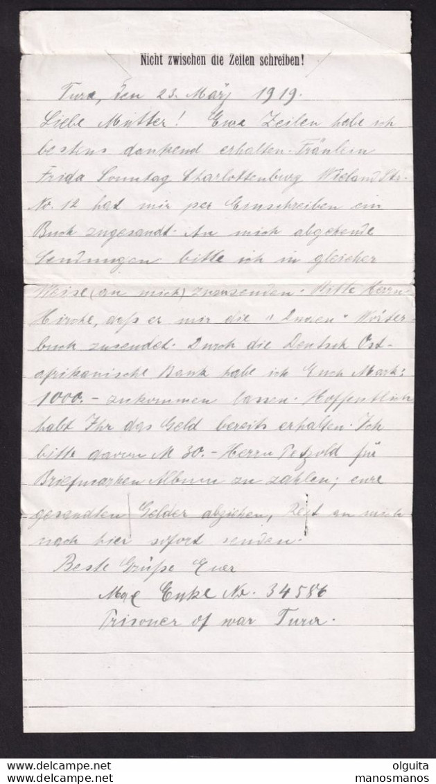 257/31 - EGYPT FOREIGN INTEREST - German Prisoner Of War Cover TURA Egypt 1919 To Dresden - Red POW Bureau Censor - 1915-1921 British Protectorate