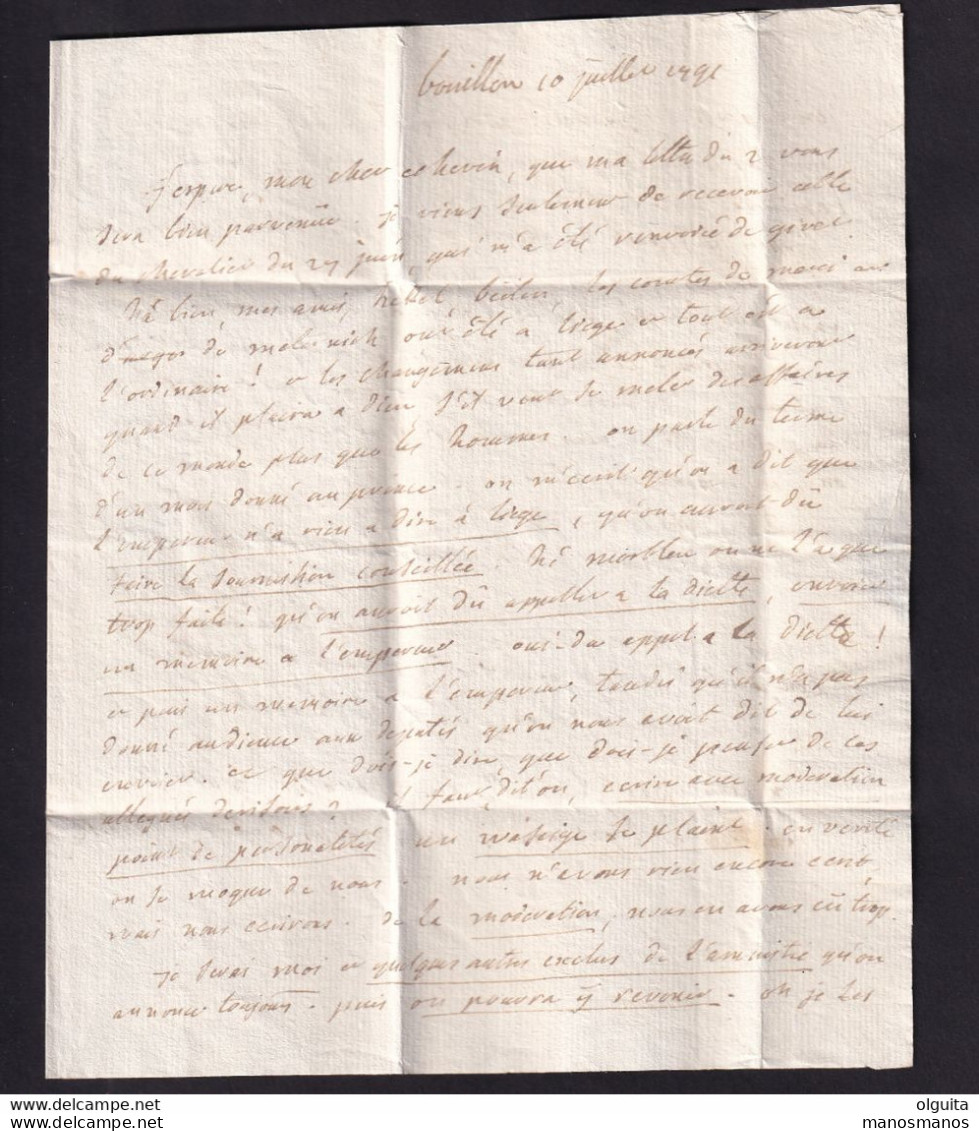 DDBB 269 - Lettre De 1791 , Griffe BOUILLON (Herlant 4) Vers Bruxelles , Port 6 Sols à L'encre - Signée Gentis - 1790-1794 (Révol. Autrich. Et Invas. Franç.)