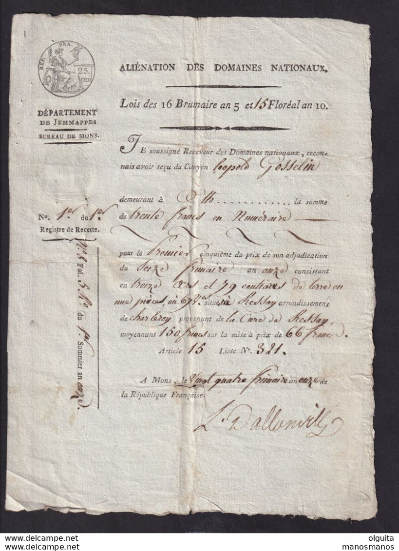 DDAA 545 - Document Du Département De JEMMAPPES , àMONS - Acompte Sur Acquisition D'un Terrain De La Cure De RESSAY - 1794-1814 (Période Française)