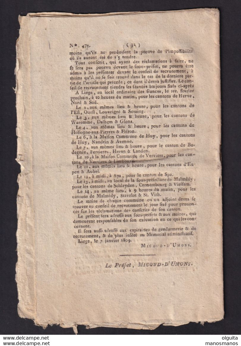 DDAA 543 - Document De 16 Pages Mémorial Administratif Du Département De L' OURTE - 13 Janvier 1809 - 1794-1814 (Période Française)