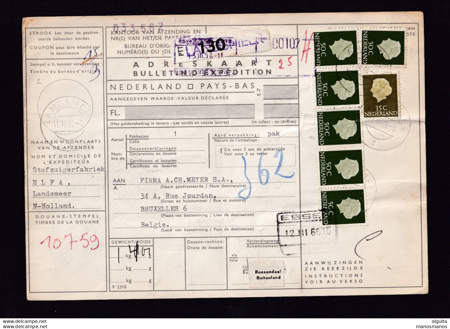 DDAA 750 - NEDERLAND Adreskaart LANDSMEER 1966 Vers Belgie - Petite Etiquette ROOSENDAAL Buitenland + Gare De ESSEN - Tren