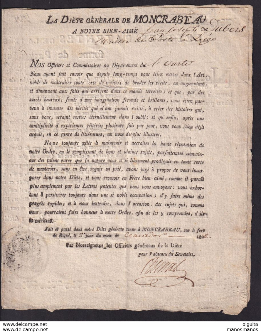 DDAA 541 - Départ. De L'OURTE Diète Générale De MONCRABEAU 1802- Lettres Patentes Pour Dubois, Maitre Des Postes à LIEGE - 1794-1814 (Periodo Frances)