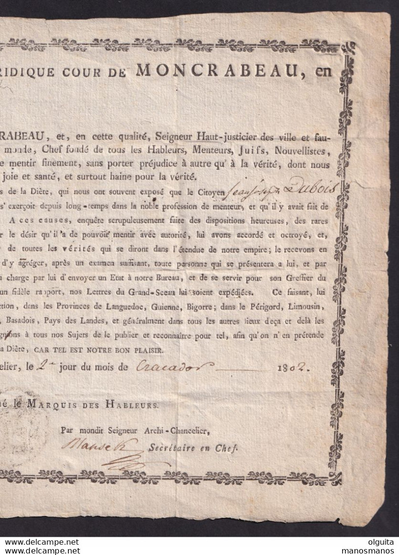 DDAA 541 - Départ. De L'OURTE Diète Générale De MONCRABEAU 1802- Lettres Patentes Pour Dubois, Maitre Des Postes à LIEGE - 1794-1814 (Periodo Francese)