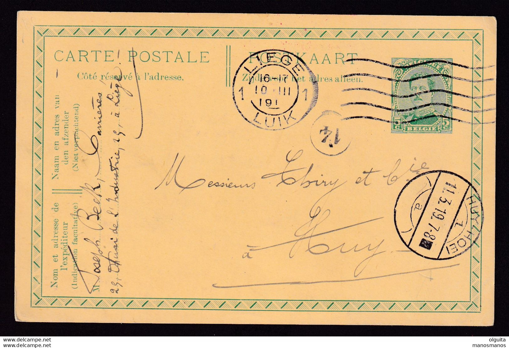 597/37 --  FORTUNES 1919 - Cachet Type Allemand Sur Entier Postal Petit Albert LIEGE 19 Vers HUY-HOEI 1 - Noodstempels (1919)