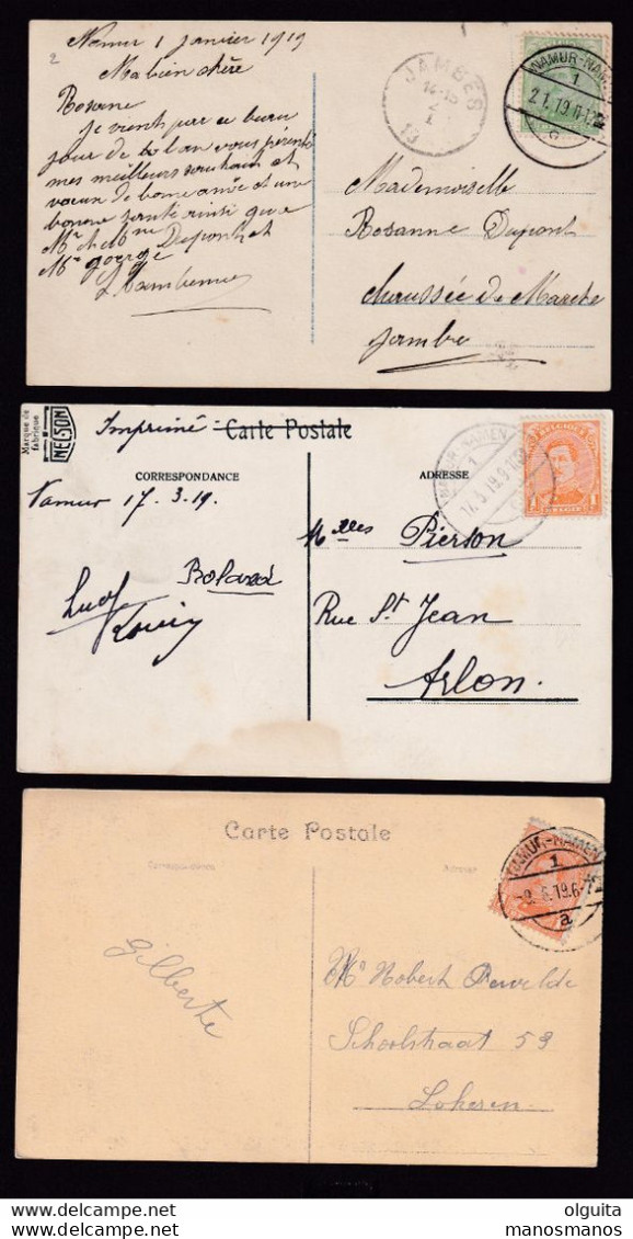 599/37 --  FORTUNES 1919 - Cachet Type Allemand Sur 3 Cartes TP Petit Albert NAMUR NAMEN 1 Du 2/1/19 Au 9/6/19 - Foruna (1919)