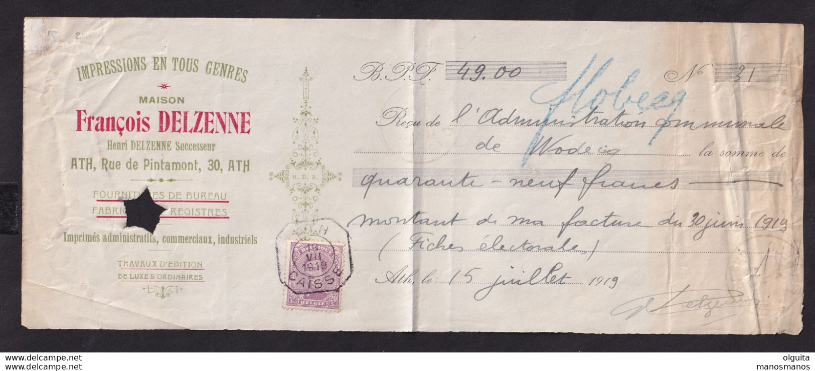 600/37 --  FORTUNES 1919 - Cachet Octogonal ATH CAISSE 1919 S/TP Petit Albert Sur Reçu Imprimerie François Delzenne - Foruna (1919)