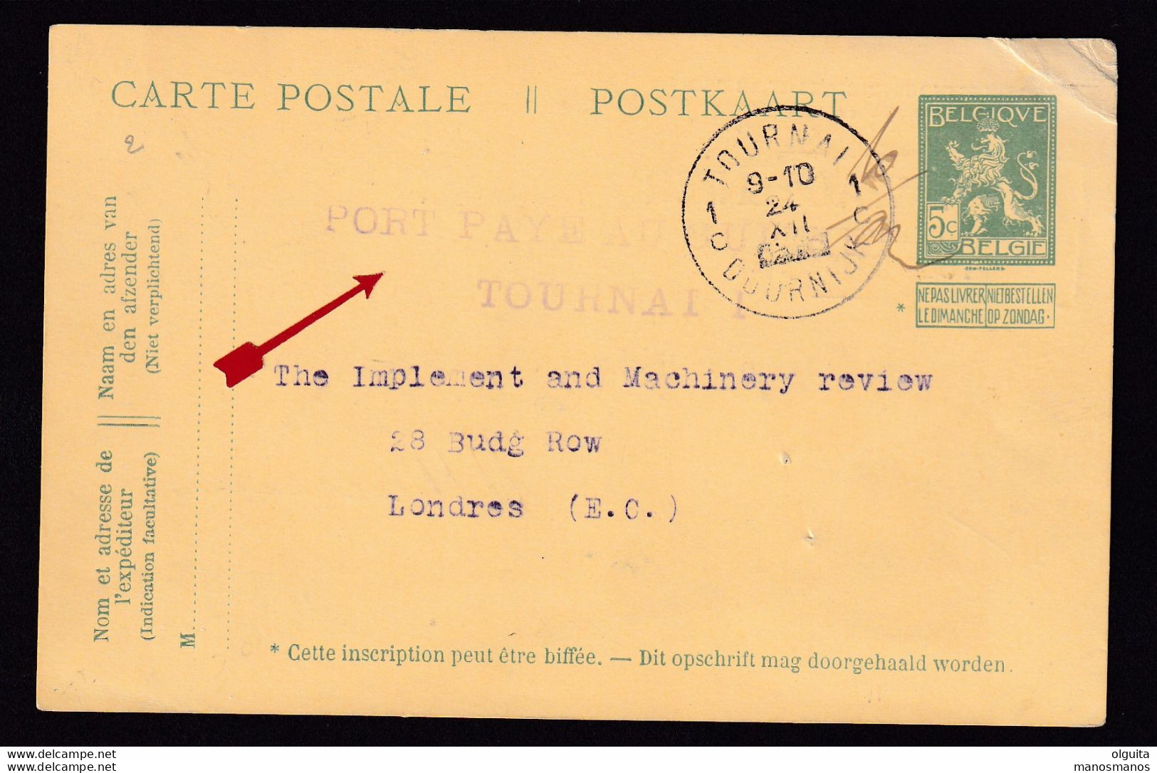 596/37 --  FORTUNE 1918 - Entier Postal Pellens TOURNAI 24 XII Année Barrée Vers LONDRES UK - Port Payé Au Guichet - Noodstempels (1919)