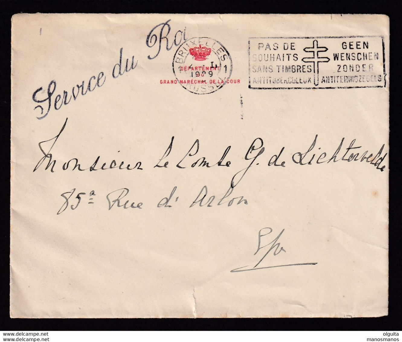 585/37 -- Enveloppe En Franchise Griffe Service Du Roi BXL 1929 - Entete Département Du Grand Maréchal De La Cour - Zonder Portkosten