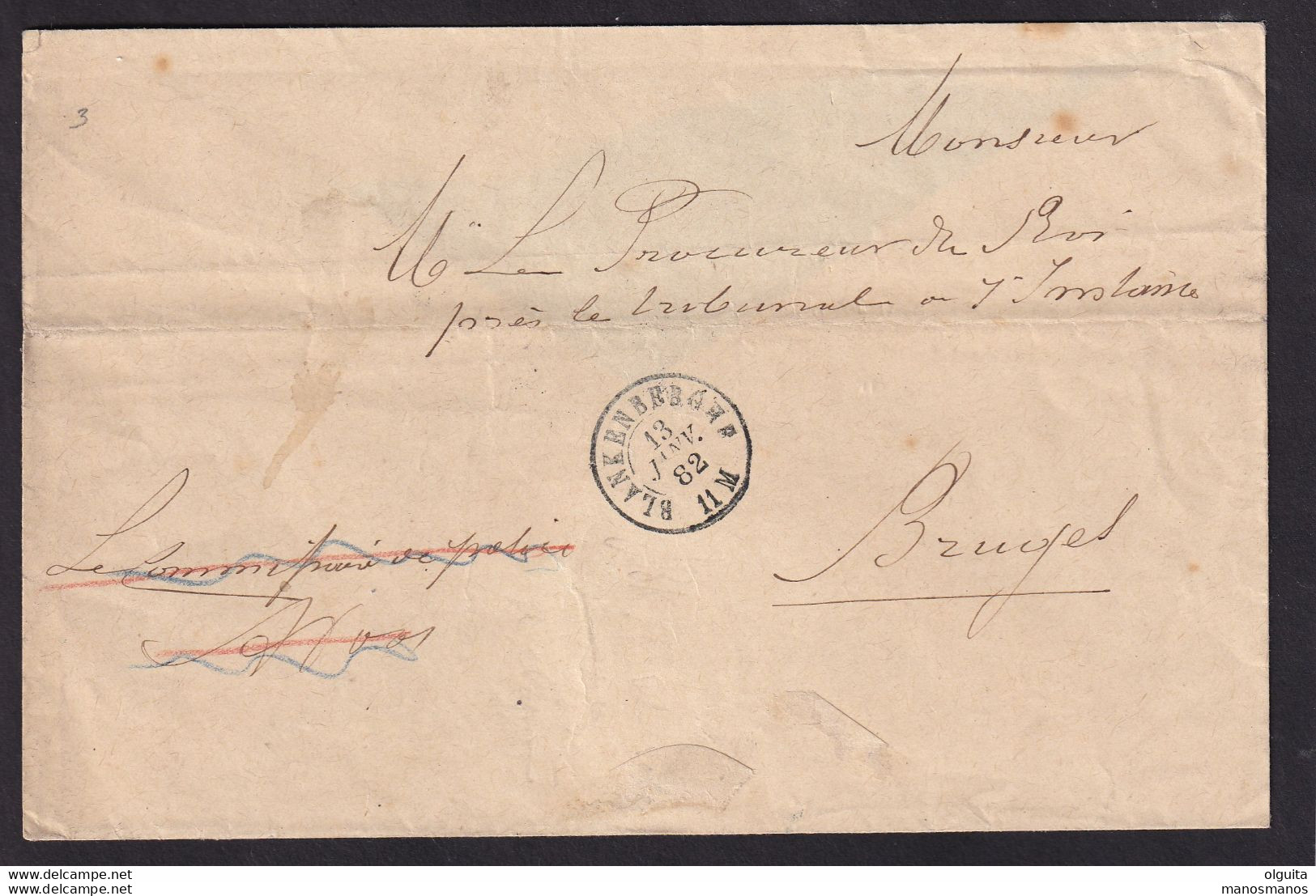 584/37 -- Enveloppe En Franchise DC BLANKENBERGHE 1882 Vers BRUGES - Manuscrit Le Commissaire De Police - Portofreiheit