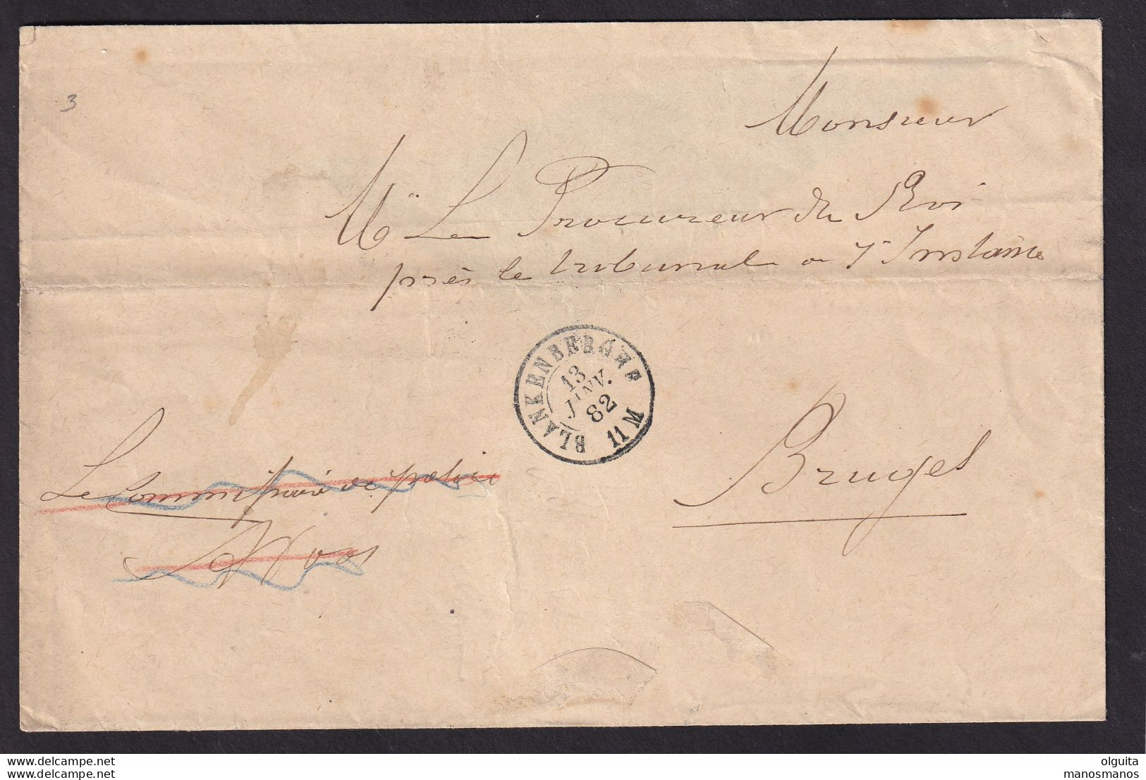 584/37 -- Enveloppe En Franchise DC BLANKENBERGHE 1882 Vers BRUGES - Manuscrit Le Commissaire De Police - Zonder Portkosten