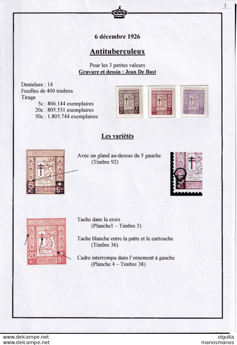 575/37 -- Antituberculeux 1926 COB 240/244 - Etude Sur 7 Feuilles D' Album , 6 Timbres Dont DEPOT Et 1 Lettre. - Altri & Non Classificati