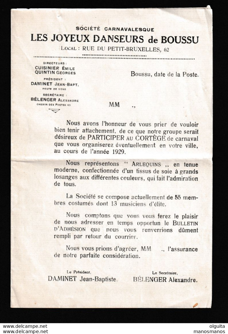 DDCC 344 -- LES IMPRIMES - CARNAVAL -  Feuillet Publicitaire TP Houyoux 5 C BOUSSU Via ST GHISLAIN 1929 Vers JEMAPPES - Carnavales