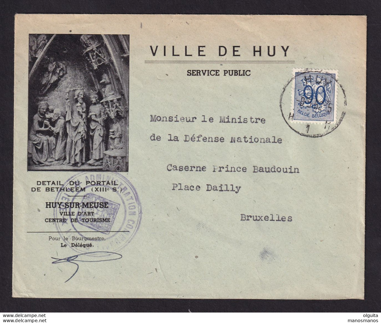 DDBB 853 - Enveloppe Illustrée TP Lion Héraldique HUY 1952 - Entete Et Cachet Ville De HUY , Illustration Du Portail - 1951-1975 Lion Héraldique