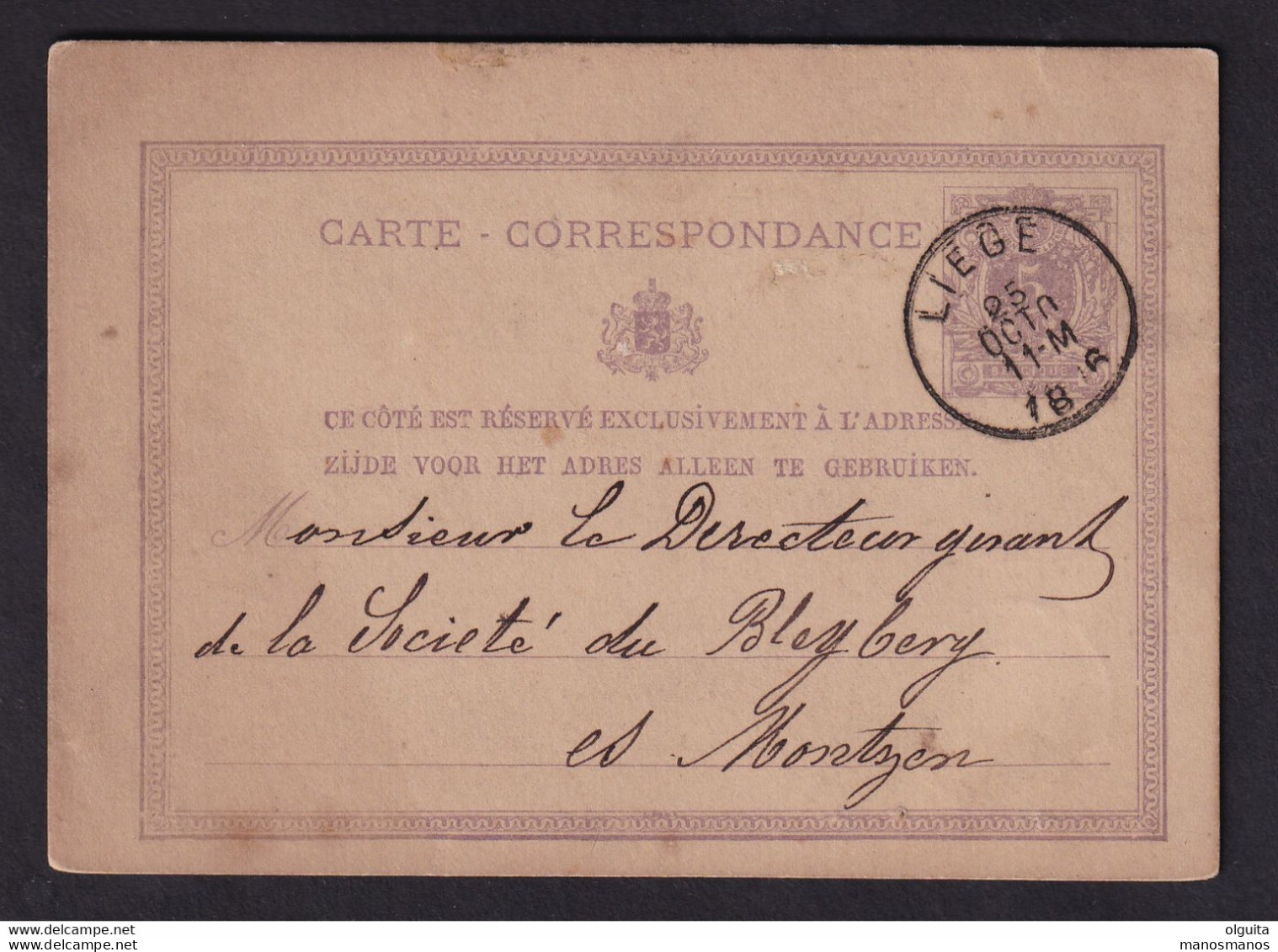 DDBB 906 - CANTONS DE L'EST - Entier Lion Couché LIEGE 1876 Vers La Société De BLEYBERG à MONTZEN - TB Double Cercle - Postcards 1871-1909