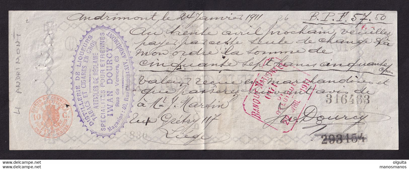 DDBB 851 - Lettre De Change Sur Papier Fiscal ANDRIMONT 1911 - Cachet Privé Distillerie,Tabacs Et Cigares Iwan Dourcy - Documenti