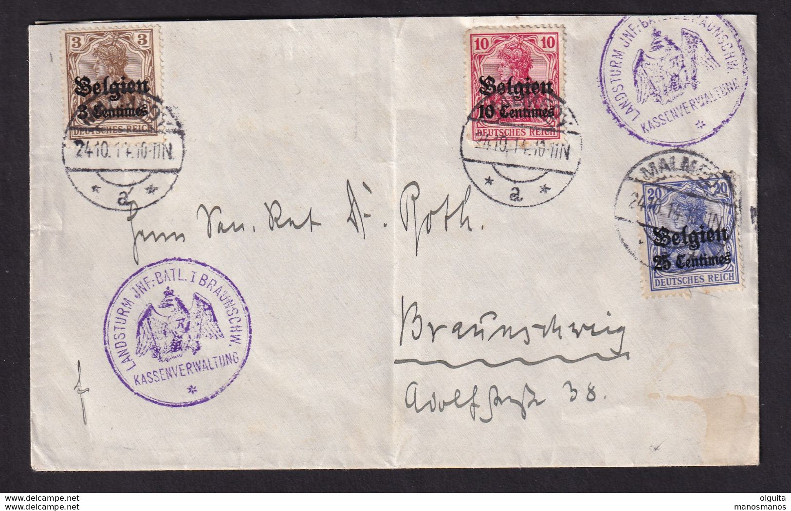 DDBB 819 - CANTONS DE L'EST - Enveloppe TP Germania MALMEDY 24.10.1914 - Cachet Landsturm Braunschweig Kassenverwaltung - OC55/105 Eupen & Malmédy